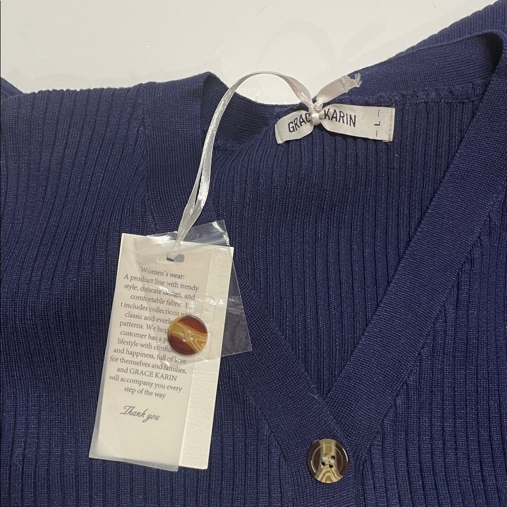Grace Karin Ribbed Knit Cardigan Navy Blue Button Front Women Size Large - Picture 5 of 6